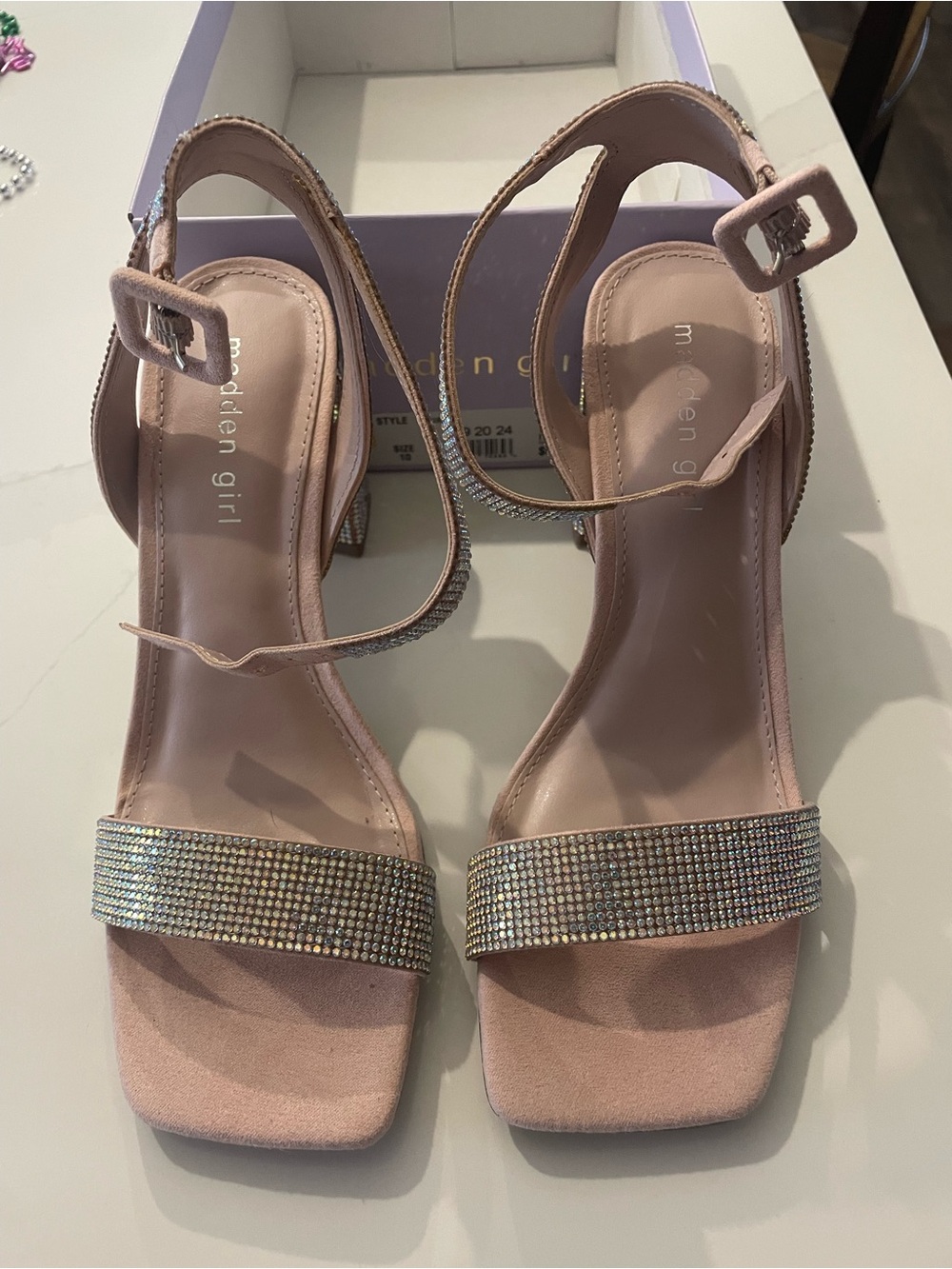 Madden Girl Blush Pink Rhinestone Block Heel Sandals
